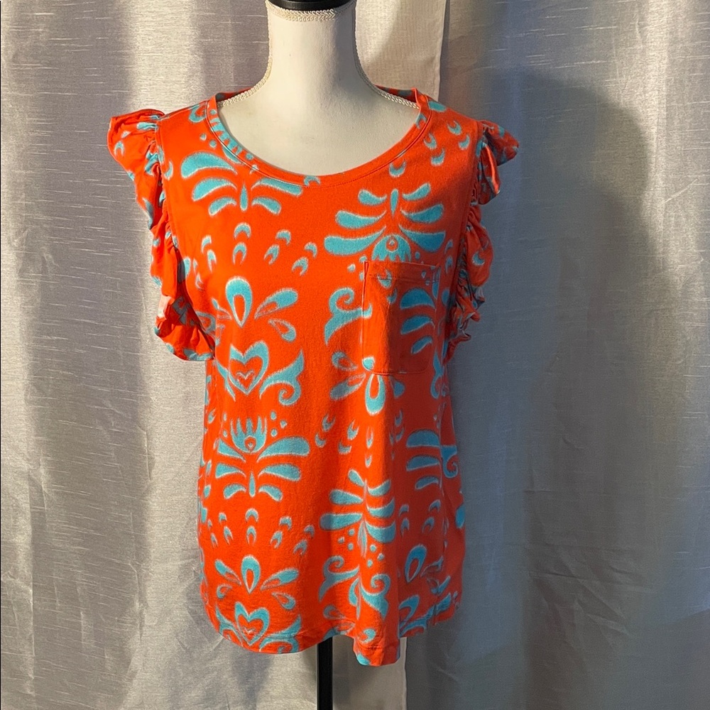 Crown & Ivy Orange Top with Blue Pattern and Ruffle Sleeves